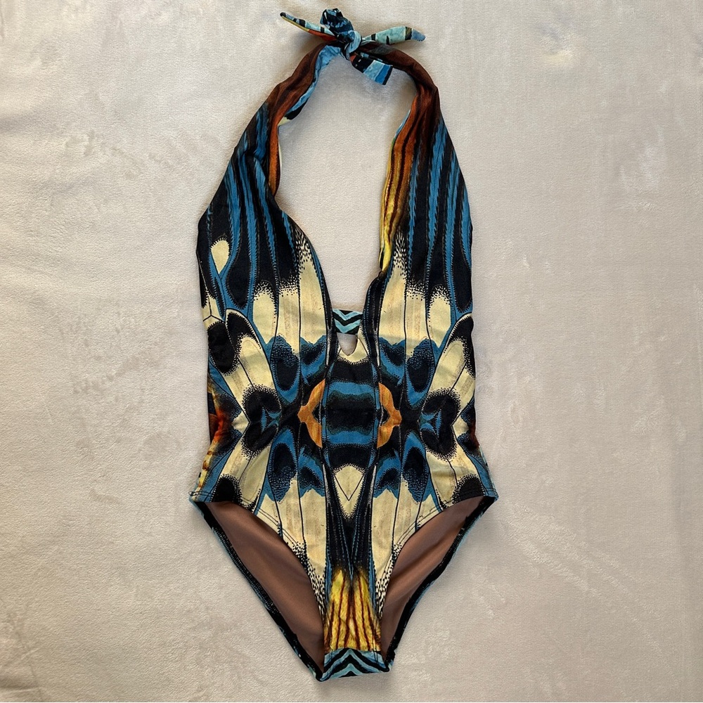 Blue and Brown butterfly print One Piece Swimsuit with Plunging Halter Neckline